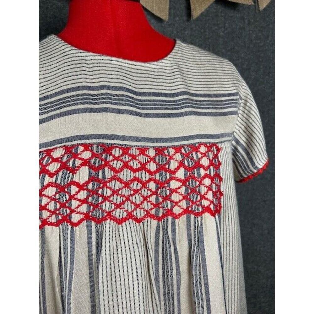 THML Crocheted Sleeve Trim Dress Tan with Blue Stripes Lined Womens XSmall - Picture 3 of 10